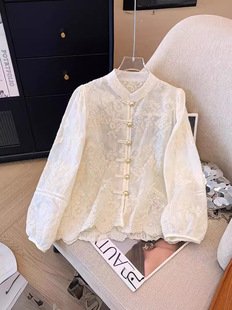 New Chinese Style Round Neck Lace Shirt Women's 2024 Spring New French Style Elegant All-match Slim-fit Base Shirt Top Trendy