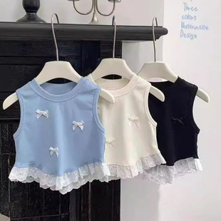 Girls' Summer Vest Baby's Western Style Children's Personalized Trendy Korean Style Sweet Hollow Lace Bow Sleeveless Top
