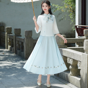Good Quality Chinese Style National Style Summer Seven-Sleeve Cotton and Linen Embroidered Vertical Collar Slim-Fit Retro Art Tea Top suit
