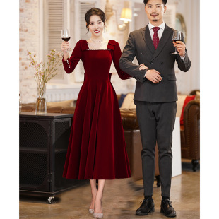 Engaged Bride Toast Dress 2023 Winter New Wine Red Wedding Back Door French Style Banquet Evening Dress for Women