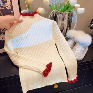 Korean Style Girl's Half-turtleneck Knitted Sweater 2024 Autumn and Winter Children's Baby's All-match Soft Ear-rimmed Sweater