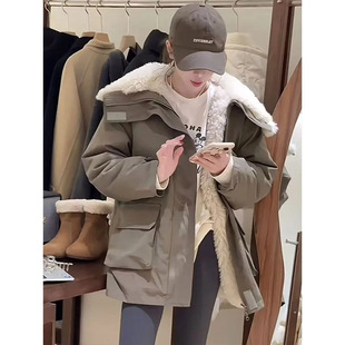 2024 winter new Korean fashion large lapel stitching imitation lamb padded parker coat warm cotton-padded jacket women