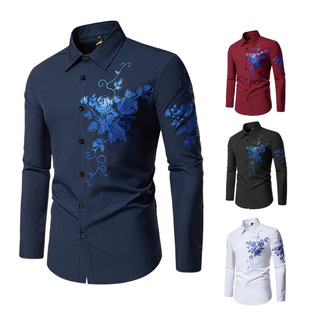 2024 Foreign Trade New European and American Men's Fashion Shirt European Flower Bronzing Triangle Collar Long Sleeve European Size Shirt for Men