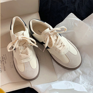 Genuine Leather German Training Shoes Women's 2025 New Retro All-match Color Matching Thick Bottom Lace-up Casual Sports Shoes White Shoes