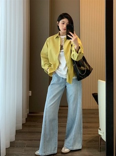 IN BLUE Early Spring Style Retro Relaxation Tones Three-Dimensional Split Oblique Slimming Loose Wide-Leg Jeans for Women