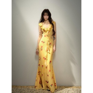Dusk Rose Lace Sling Floral dress Women's Summer French Style Seaside Waist Slimming Fishtail Long Dress
