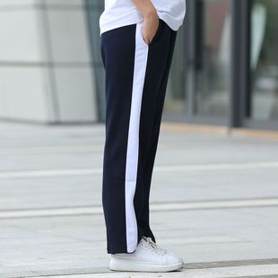 School uniform pants summer junior high school student ankle-tied blue one wide white bar Primary School student straight navy blue school pants