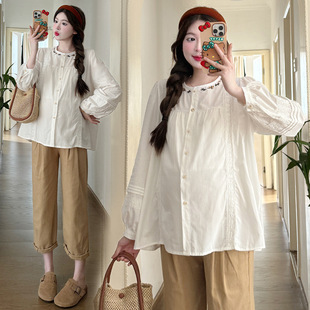 Pregnant Women's Shirt Spring and Autumn 2024 New Style Small White Embroidered Clothes Long Sleeve Top Covering Belly Spring suit