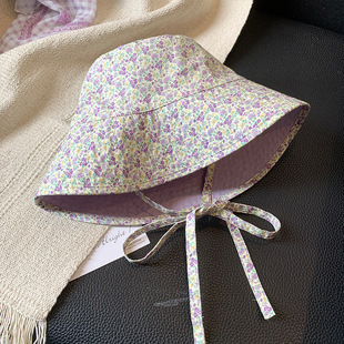 Cute Double-Sided Floral Strap Fisherman Hat Women's Summer Japanese Sunshade Big Head Sun Protection Pot Hat Showing Small Face