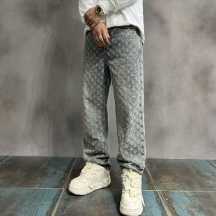 American Style Retro Jeans Men's Spring and Autumn New Fashionable Brand Loose Jacquard Full Print Design Sense Niche Straight Pants
