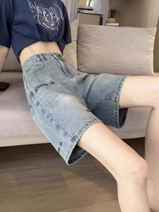 Embroidered Denim Shorts Women's Summer 2024 High Waist A- Shaped Slim Retro Mid-Pants Straight-Leg Loose Shorts