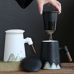 Creative Yuanshan office Cup filter tea cup high-looking mug tea separation tea cup ceramic cup with lid