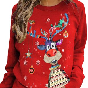 2024 new Christmas European and American women's clothing Amazon AliExpress motorcycle printed long sleeve crew neck pullover sweater