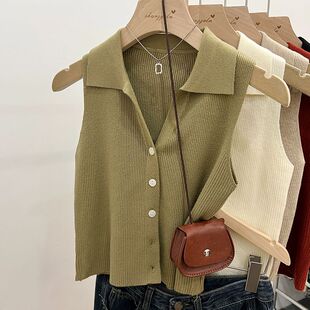 French New Arrival Single-breasted Cardigan All-match Slim-fit Short Base Shirt Socialite Elegant Polo Collar Sleeveless Vest for Women