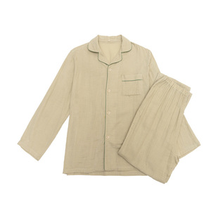 Double-Layer Yarn Pajamas Pure Cotton Non-Printed Japanese-Style Pure Cotton Spring and Summer New Couple's Home Clothes Long-Sleeved Trousers