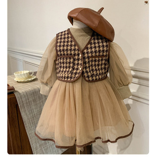 Girl's Spring Long-sleeved dress suit 2025 New Style Western Style Chanel Style Vest Princess Dress Children's Two-piece Set