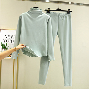 Double-sided velvet thickened fungus lace bottoming shirt women's autumn and winter half turtleneck warm autumn clothes long pants two-piece suit