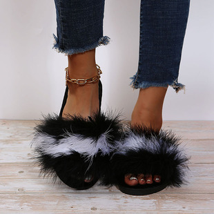 Fashion real hair ostrich hair slippers women's winter one-word slipper fur hair women's shoes wear cotton slipper wear slippers women