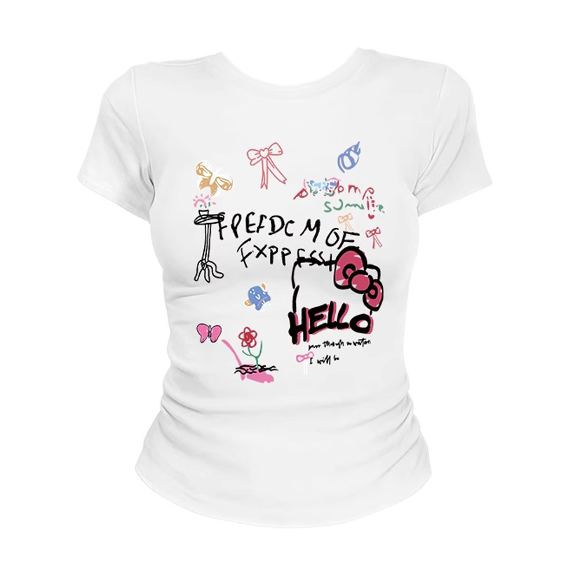 Summer New Sweet Cartoon Graffiti Print Design Short-Sleeved T-Shirt Women's Casual Outer Wear Versatile Sweet and Spicy Top