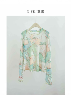 Spring and Summer 25 New Mesh Crewneck T-shirt Women's Printed Loose Elegant Joker Top Sunscreen Base Shirt 5301