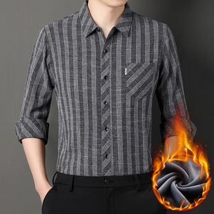 2024 High-grade fleece-lined Shirt Men's Long-sleeved Striped Top Middle-aged Casual Warm Shirt Base-layer Shirt for Dad
