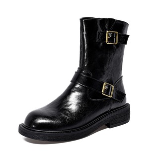 Flat Medium Boots Women's 2024 Autumn and Winter New European and American Style Double-breasted Square Buckle Martin Boots Knight Boots Round Toe Leather Boots