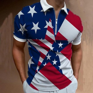 Foreign Trade New Men's Casual Fashion 3D Digital Printing Short-sleeved Polo Shirt Striped Short-sleeved Lapel Short-sleeved T-shirt