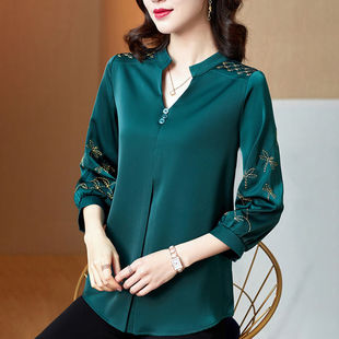 2021 Summer New Loose plus size Silk Women's Shirt Fashion Embroidered Seven Sleeve Top Women's Shirt