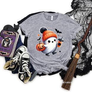 Fashion Woman T-shirts Funny Halloween Pumpkin Ghost Short S