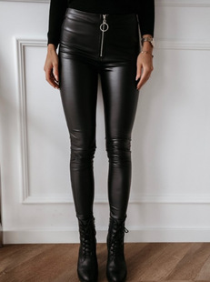 Processing custom round head zipper leather pants Polish style Foreign trade independent station PU women's pants European and American ins Trendy tights