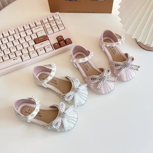 Girl's Shoes Princess Shoes 2025 Spring New Children's Leather Shoes Crystal Shoes Baby's Single-layer Shoes Sandals with Soft Sole