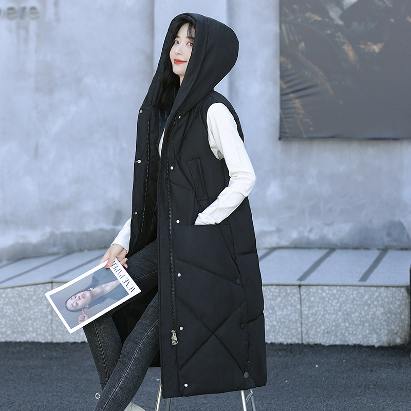 여성용 롱 오버니 다운 코튼 조끼, 한국식 후드 캐주얼 조끼, 루즈한 조끼, 따뜻한 조끼 재킷