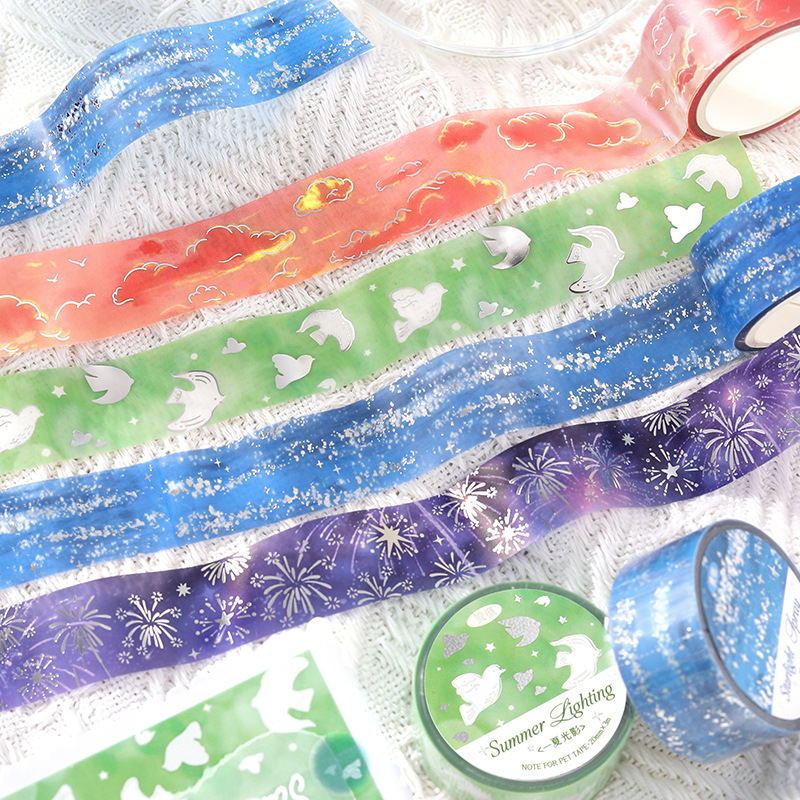 Silver Foil Pet Tape Dreamy Flowing Light Curve Summer Dreamy and Gorgeous Illustration Decoration Transparent Material Stickers for Journals
