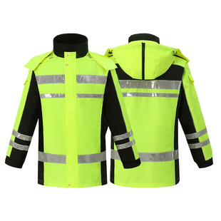 Traffic duty reflective cotton-padded clothes flood control rain-proof cotton-padded clothes cotton and thickening fleece-lined warm winter-proof clothes raincoat split