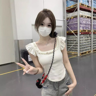 Summer Korean Style Fresh Style Square Collar Ear Edge Age-Reducing Small Fly Sleeve Bow Design Short Sleeve T-Shirt Top for Women