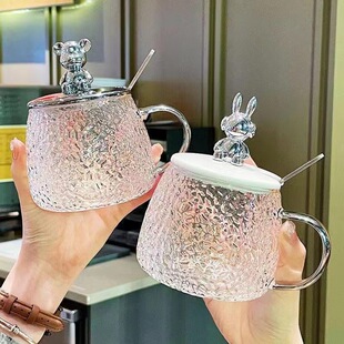 Glass Bear Cup Transparent Glacier Glass Household Scented Tea Cup with Lid in stock Hammer Bear Fashion Water Cup