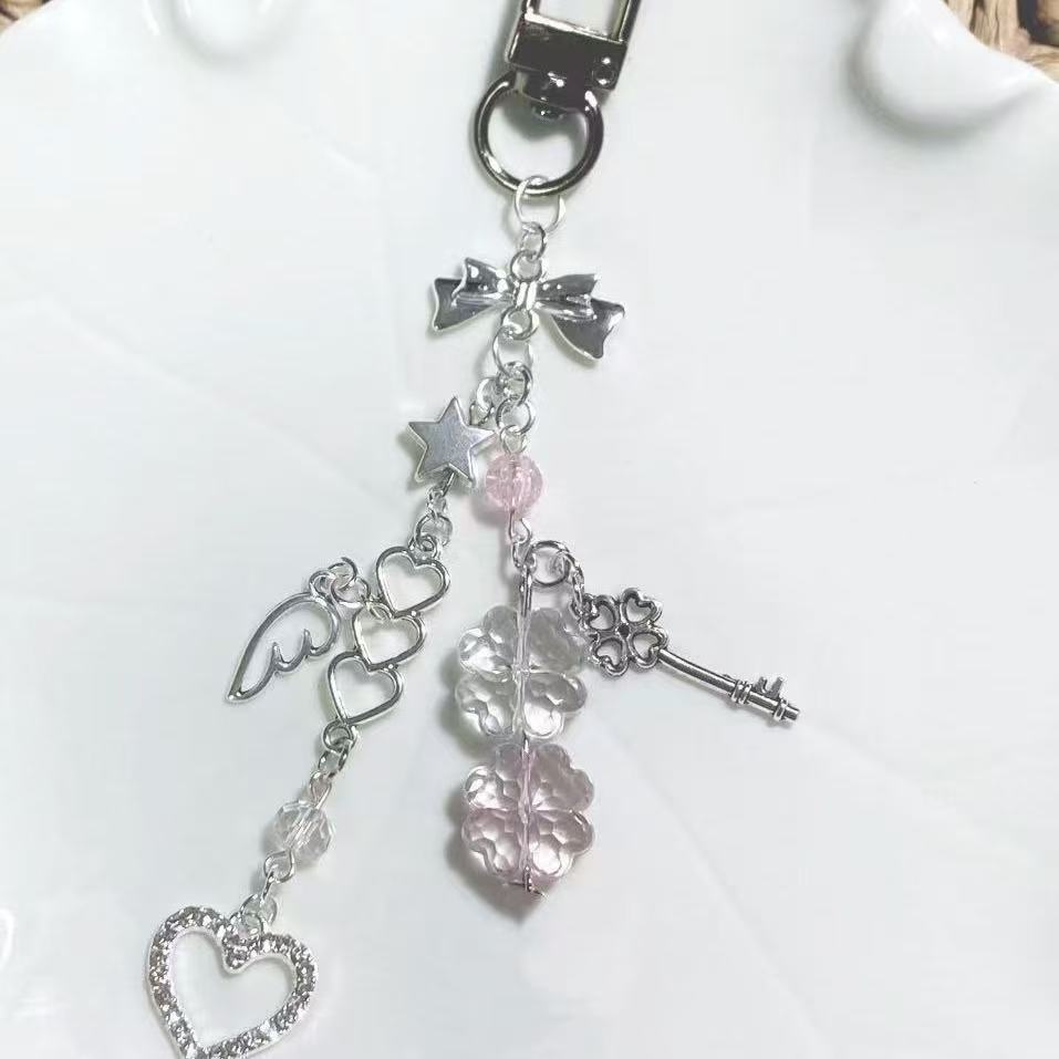 【Pink Angel Descends Upon My Heart】Keychain, Card Holder, Card Clip, Pendant, Four-Leaf Clover, Phone Chain, Bow