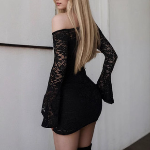 European and American sexy woman style lace perspective off-shoulder dress cross-border high waist flared sleeve hip skirt