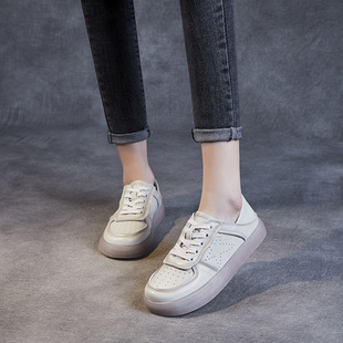 Spring 2023 New Cowhide Casual Single-Layer Shoes Women's Beef Tendon Soft Sole Two-Wear Lace-Up Sneakers Genuine Leather Retro Moms Shoes