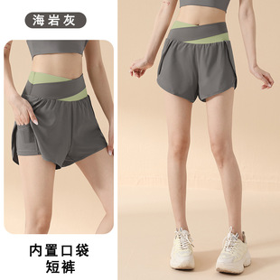 Color-matching Fake Two-piece Yoga Shorts Naked High Waist Hip-lifting Anti-glare Sports Shorts Outer-wear Running Fitness Pants for Women