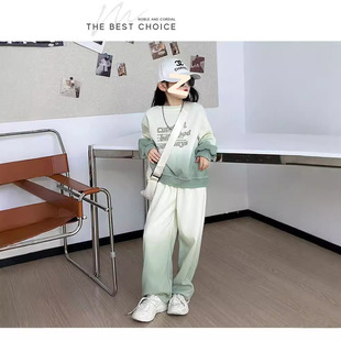 Girls' Autumn Dress Gradient Sweatshirt Sweatpants Two-piece Set 2024 New Long-sleeved Top for Large Children Harlan Pants Two-piece Set