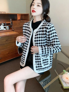 Autumn 2024 New Style Chanel-style Houndstooth Faux Mink Velvet Jacket Short Loose Slimming Knitted Cardigan Women's Top
