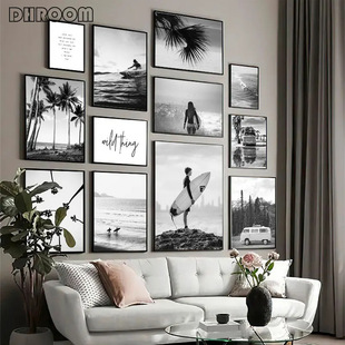 Nordic Modern Black and White Seaside Scenery Vacation Surfing Living Room Bedroom Background Wall Poster Frameless Painting Core Hanging Painting