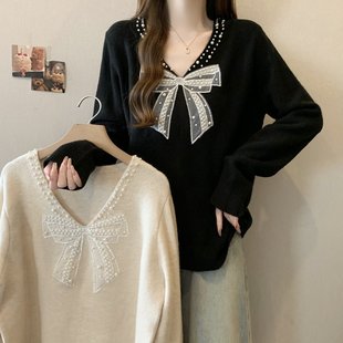 Large Design V-neck Bow Beaded Knit Women's Spring chubby girl Loose Western-style Age-reducing Slimming Top
