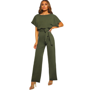 European and American Women's High Waist Wide Leg Pants Women's Summer New Solid Color Pullover Crewneck Short Sleeve Lace-up Pants for Women