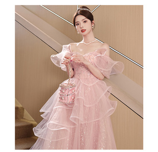 Pink Evening Dress High-end Feeling Banquet Elegant High-end Light Luxury Niche Host Fairy Princess Dress Adult Ceremony