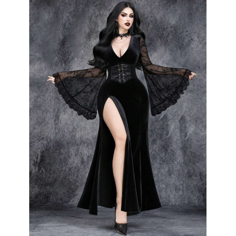 Cross-Border Amazon European and American Sexy and Elegant Halloween Witch Lace-Trimmed High-Slit V-Neck Fashion Dress for Women