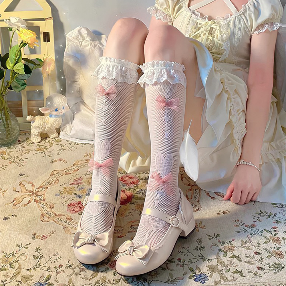 White Lace Socks for Women Japanese Style Cute Pure Lust Pink Bow Lolita Ballet Style Calf Socks