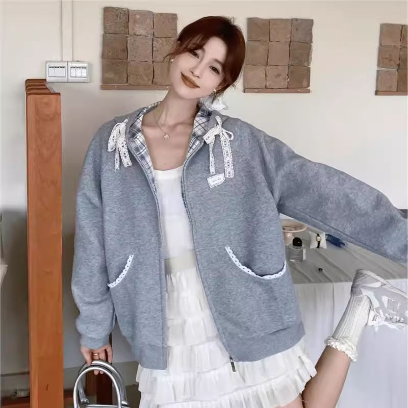 American Retro Plaid Lace Hooded Sweatshirt for Women Spring & Fall 2025 New Oversize Ballet Style Cardigan Jacket