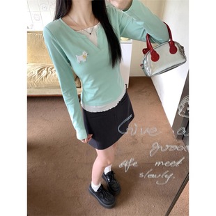 Mint Green Long-sleeved T-shirt Women's Spring 2025 New Fake Two-piece Fashionable Light Spring Style Wear Fresh Top